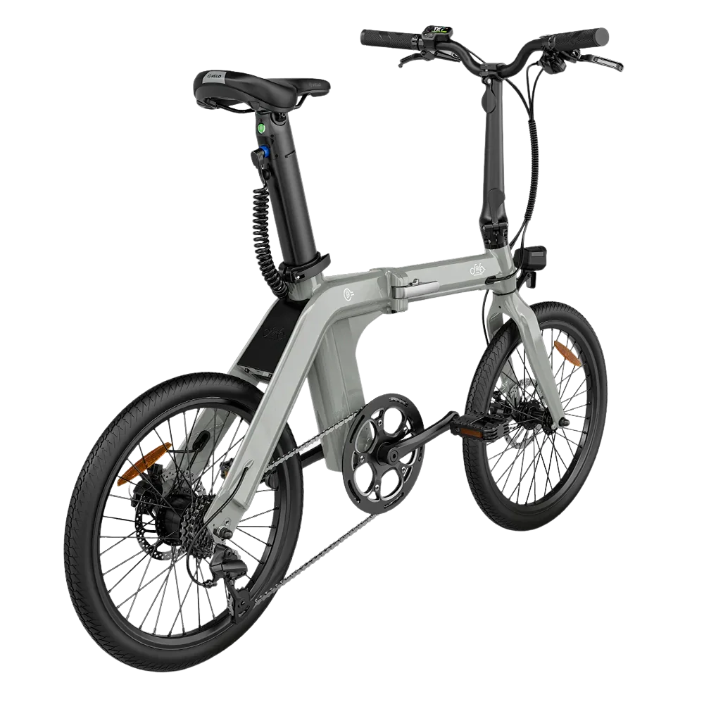 Modern foldable electric bike with suspension, grey frame and disc brakes on white background